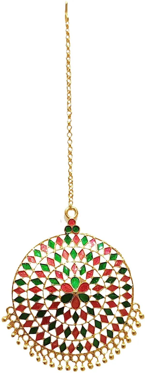 (Pack_Of_2)_Assamese_Traditional_Copper_Gold_Plated_Red_Green_Colour_Maang_Tikka_For_Women